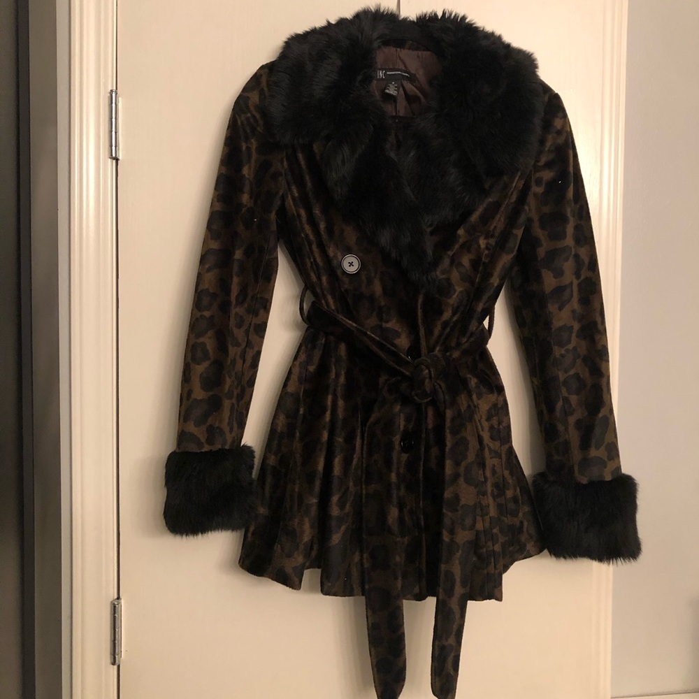 INC Leopard print faux fur coat medium